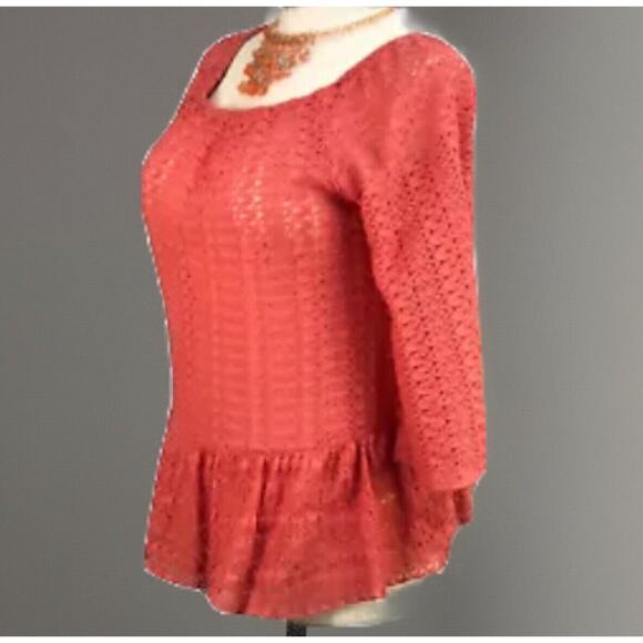 Crotchet Lace Coral Sz S Top Gathered Hem Orange Shirt Round Neckline 3/4 Sleeve - Picture 4 of 13